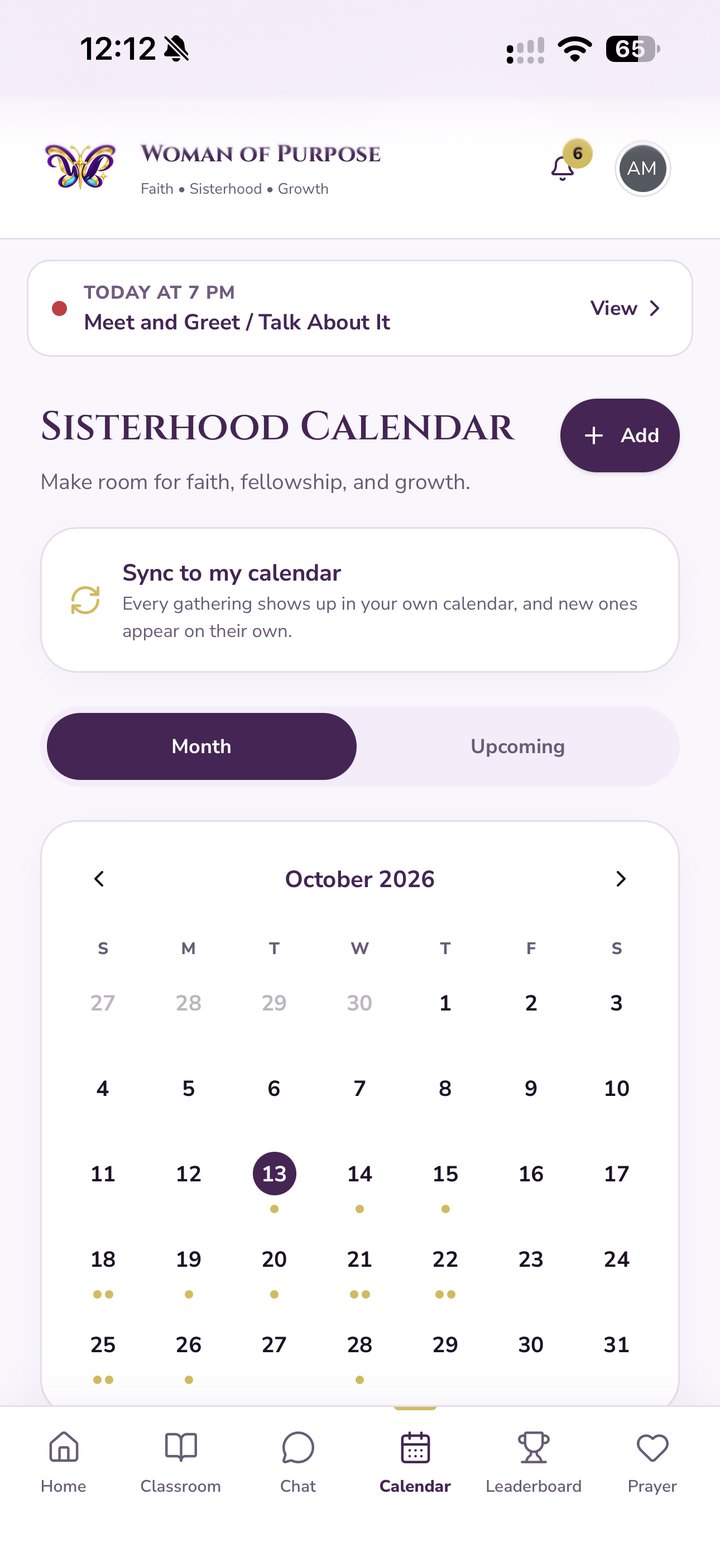 Woman of Purpose app sisterhood calendar