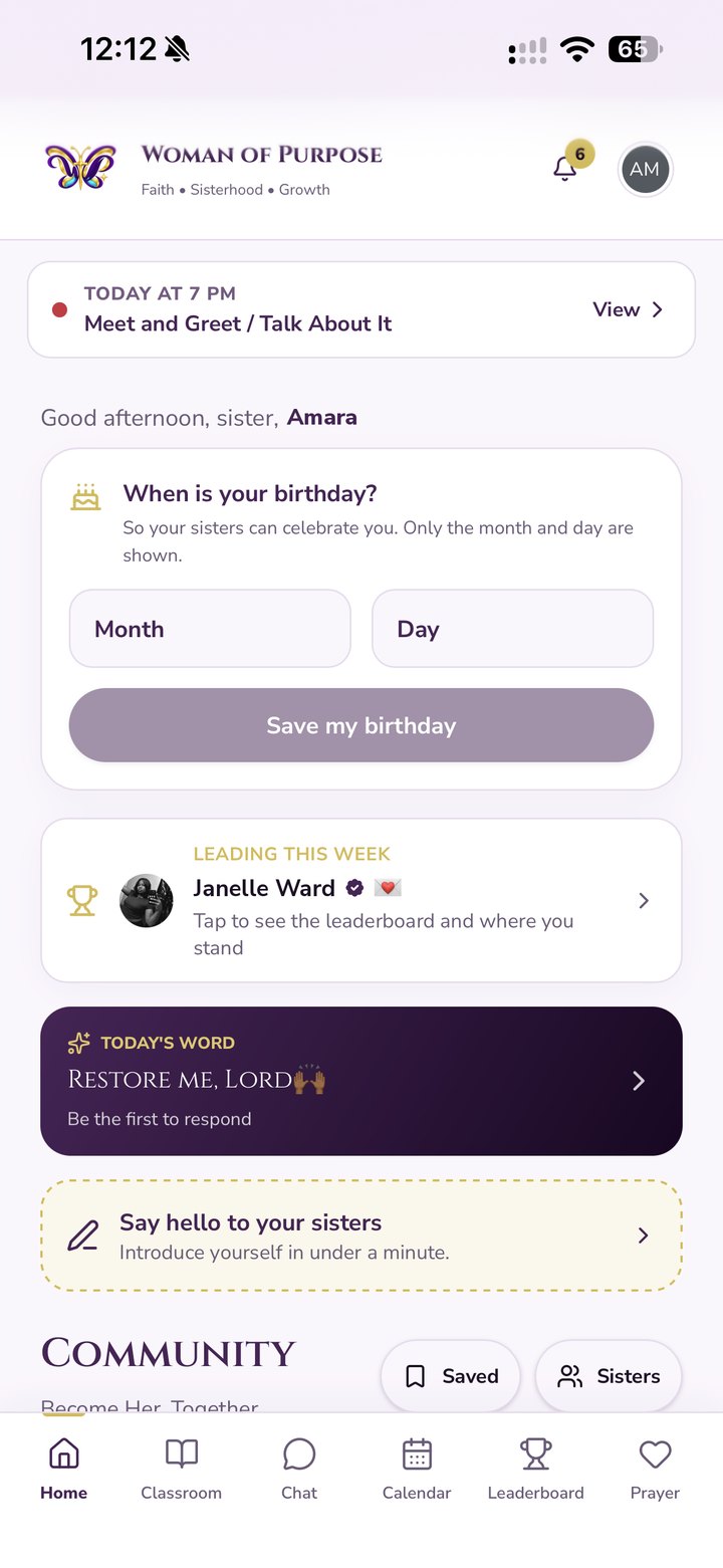Woman of Purpose app home screen