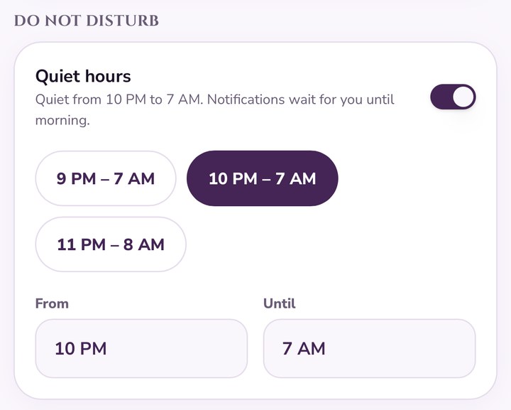 Quiet hours setting in the Woman of Purpose app